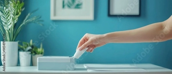 Fototapeta Woman's arm and hand squeeze white tube above tissue box, capturing moment of personal care within calm, minimalist interior.