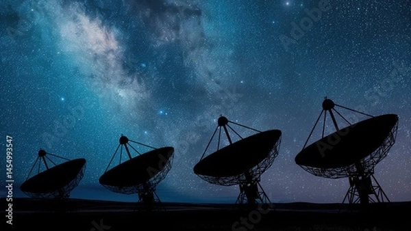 Fototapeta Array of satellite dishes facing Milky Way. Astronomy and signal collection theme.