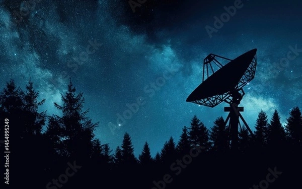 Fototapeta Radio dish pointed at night sky in forest. Astronomy and cosmic discovery theme.