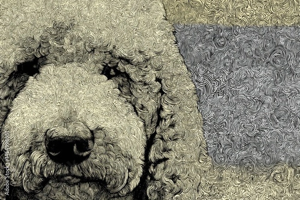 Fototapeta Illustration featuring a close-up look at a dog in a monochromatic finely-patterned style