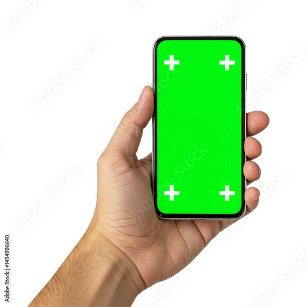 Fototapeta Hand Holding A Modern Smartphone With Blank Green Screen isolated on transparent background, PNG 