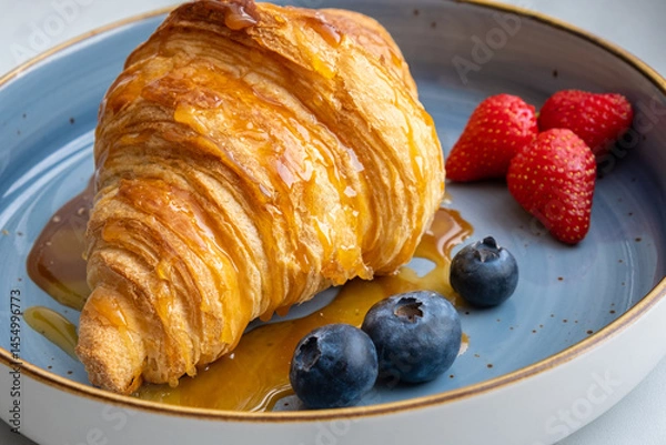 Fototapeta Close-up of a golden croissant covered in thick sweet maple syrup, with fresh blueberries and strawberries nearby. Tasty high-calorie breakfast or a delightful dessert to start the day
