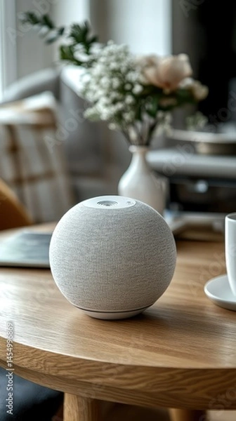 Fototapeta Modern, spherical speaker on a wooden table in a cozy living room