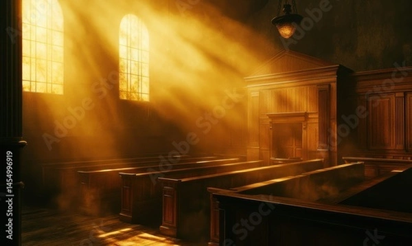 Obraz Empty courtroom glowing in warm golden light, high-detail wooden textures, deep shadows creating depth, law and justice theme,