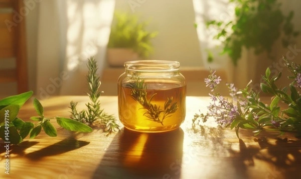Obraz Glass jar of honey placed on a wooden table surrounded by fresh herbs, soft morning light casting gentle shadows, clean rustic atmosphere with vibrant tones,