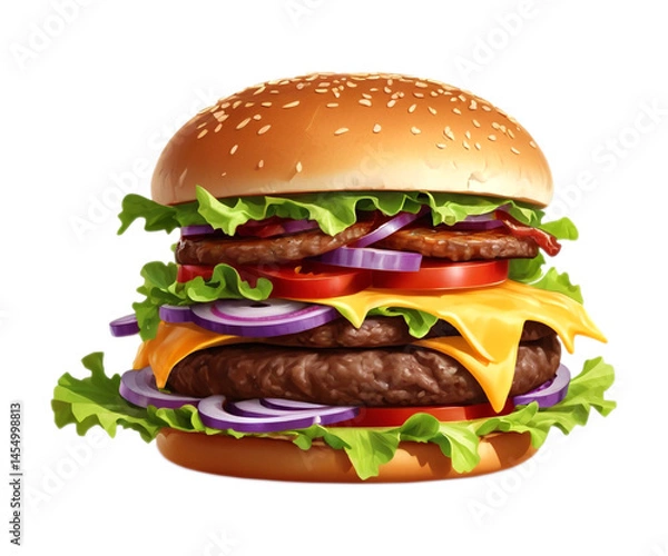 Fototapeta Delicious Double Cheeseburger with Lettuce, Tomato, Onion, and Bacon, Juicy Fast Food with Transparent Background