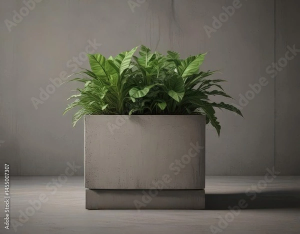 Fototapeta Lush green plant thriving in a modern concrete planter ,  green,  background