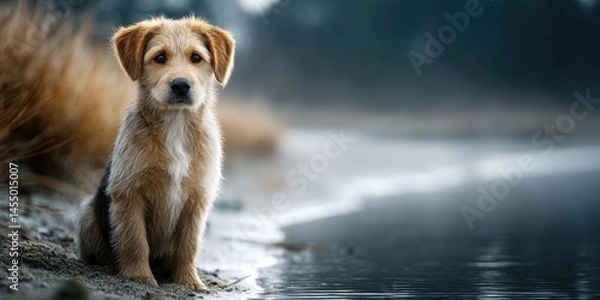 Fototapeta Golden puppy playing by the water's edge during a calm afternoon at the lakeside