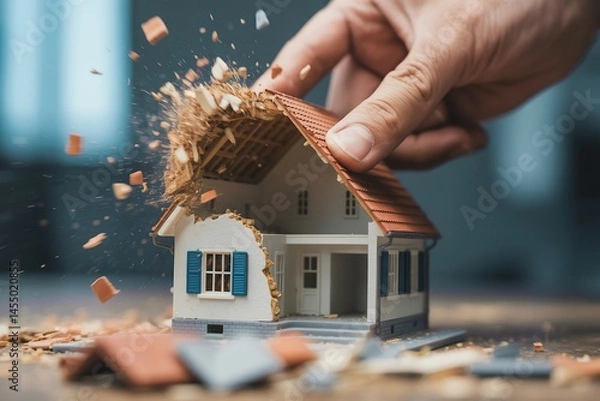 Fototapeta Hand destroying a model house, symbol of property damage.