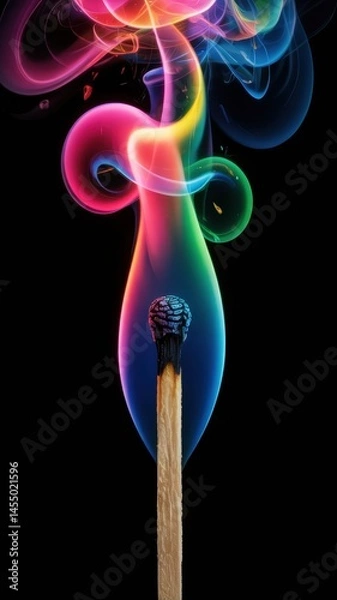 Fototapeta Swirling multi-color flames erupt from a single match on black background
