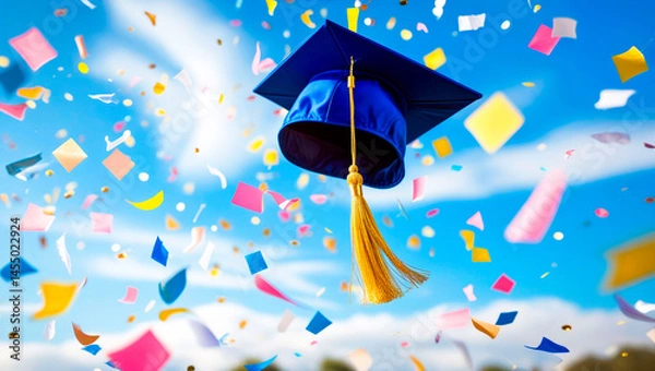 Fototapeta Graduation. School. University. College. A blue graduation cap with a shiny gold tassel suspended in the air surrounded by a swirl of colorful rectangular confetti pieces falling from above.