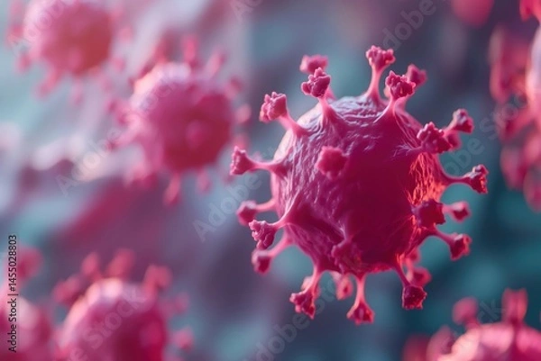 Fototapeta Red virus cell close-up with spike proteins. Scientific healthcare theme.