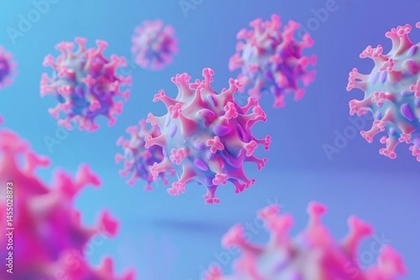 Fototapeta Floating virus particles on light purple background. Healthcare and infection concept