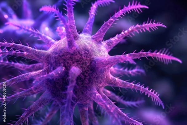 Fototapeta Microscopic view of purple virus with spiky texture. Medical research concept