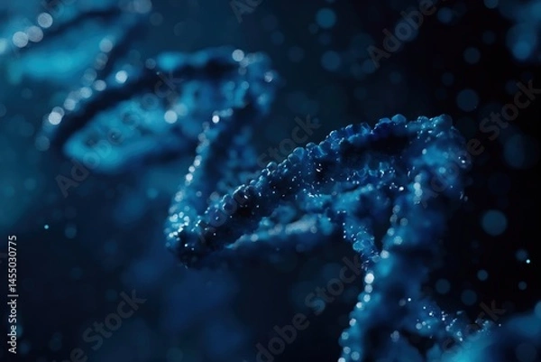 Fototapeta Blue glowing DNA strand with particles on dark background. Genetic science theme.