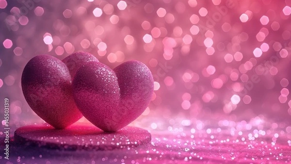 Fototapeta Pink glitter heart on sparkling pink background. Romantic holiday theme.