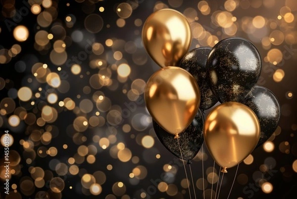Fototapeta Golden and black balloons with festive lights. Celebration and party concept.