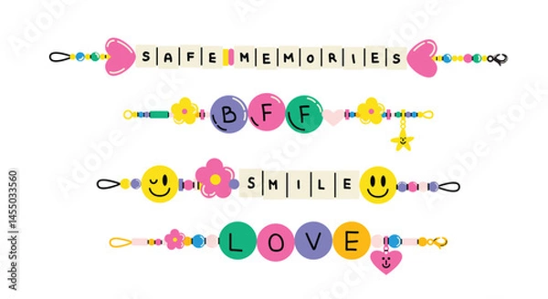 Obraz Handmade cartoon-inspired friendship bracelet set. Vibrant beaded jewelry featuring letters, stars, hearts, and animals. Fun, colorful, and nostalgic DIY accessories with a retro vibe. Perfect for add