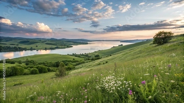 Fototapeta peaceful green field with cloudy sky and natural scenery