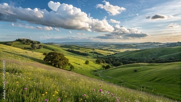 Fototapeta peaceful green field with cloudy sky and natural scenery