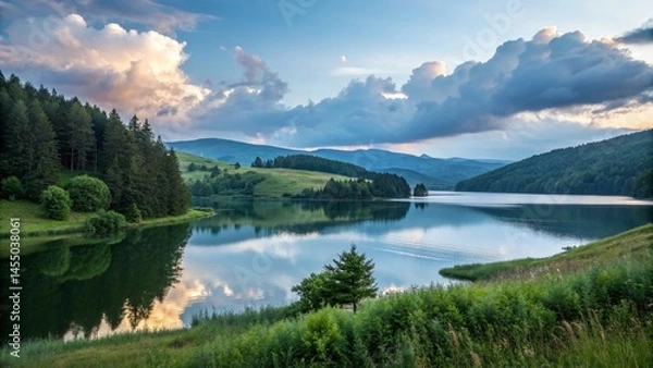 Fototapeta peaceful green field with cloudy sky and natural scenery