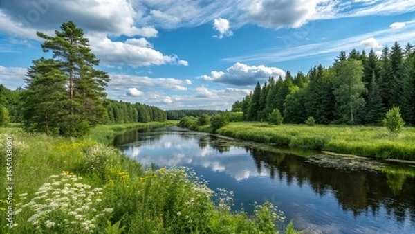 Fototapeta peaceful green field with cloudy sky and natural scenery