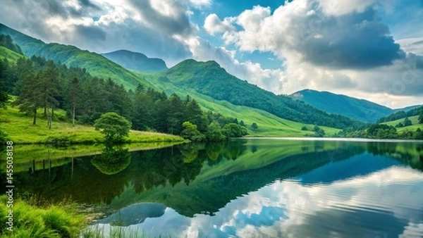 Fototapeta peaceful green field with cloudy sky and natural scenery