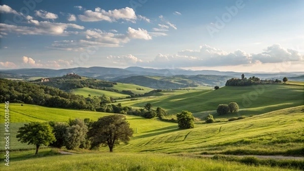 Fototapeta peaceful green field with cloudy sky and natural scenery