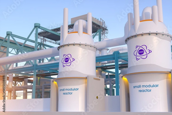 Fototapeta concept of a SMR small modular nuclear reactor power plant on a sunny day. SMR is a future energy concept. 3d rendering.