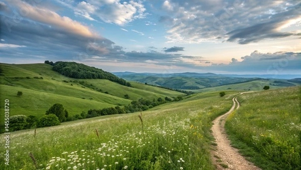 Fototapeta peaceful green field with cloudy sky and natural scenery