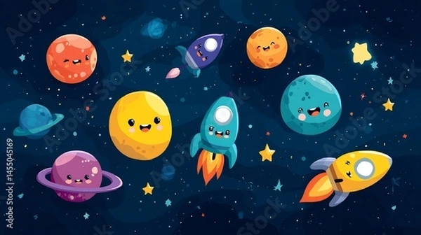 Fototapeta Whimsical cosmic adventure featuring cute planets, rockets, and playful stars