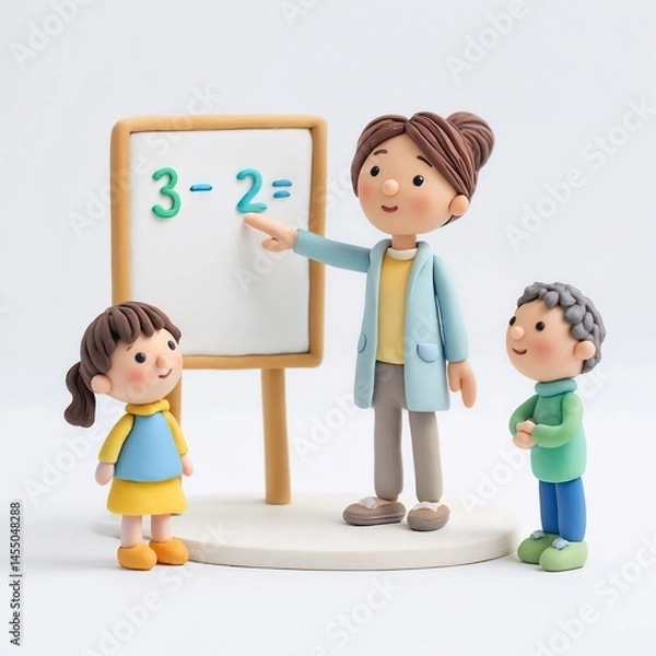 Fototapeta Clay teacher teaching math to children on white background