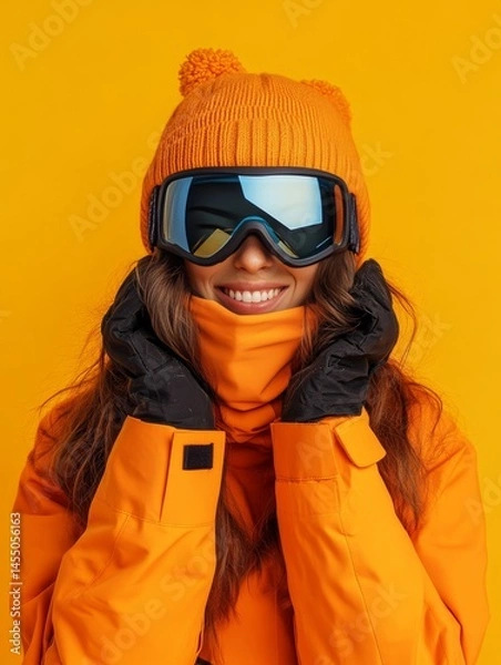 Fototapeta A woman in an orange jacket, goggles, and ski outfit smiling for the camera. She is dressed warmly for winter sports or traveling to a mountain location.