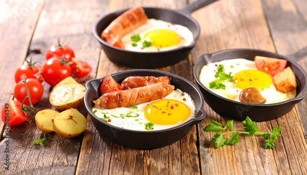 Fototapeta Delicious Breakfast Fried Eggs with Sausage in Mini Skillets
