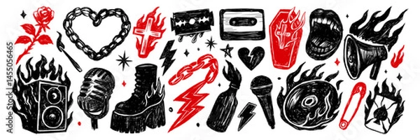 Obraz Grunge-inspired punk rock doodles in red and black, featuring fire, chains, mic, cassette, combat boots and rebellious symbols.