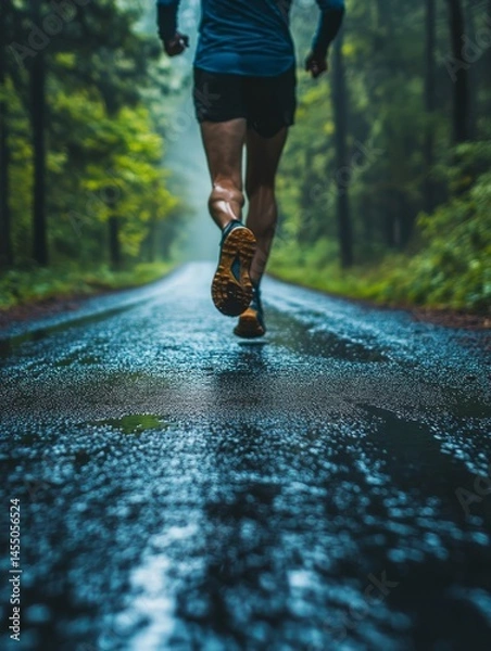 Fototapeta Man running in rain on forest road at dawn or dusk.