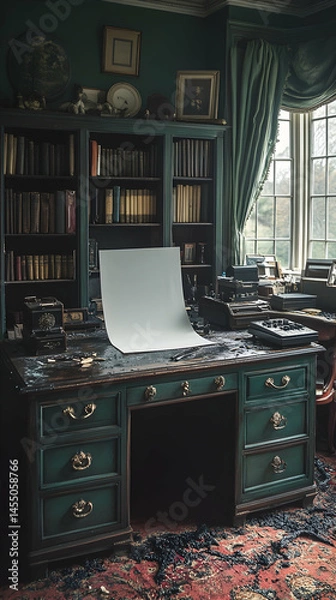 Fototapeta A dark, teal-painted antique desk sits in a neglected room, littered with old books, tapes, and debris; a blank canvas rests atop it, near a window with aged curtains