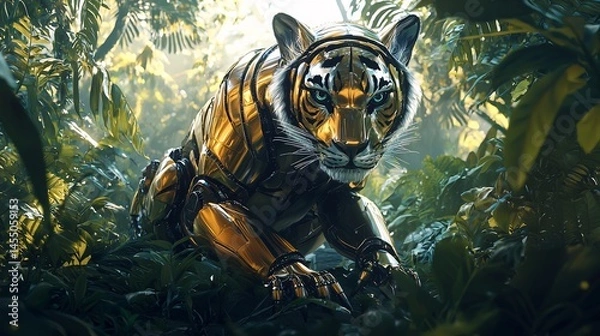 Fototapeta Wild Robotic Tiger With Sleek Metallic Fur Crouching In a Dense Jungle Underbrush With Sunlight Filtering Through the Canopy and Creating Dynamic Shadows