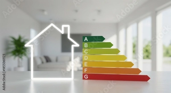 Obraz A white outline of a house is on the left, with a colorful energy efficiency rating chart to its right, featuring a gradient from green (A) to red (G), set against a blurred modern living room