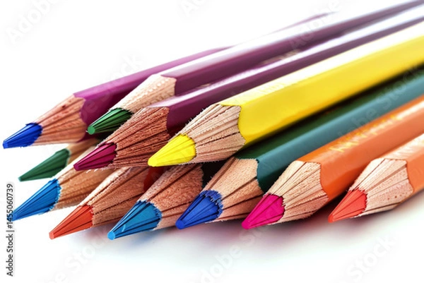 Fototapeta Colored pencils are stacked with visible sharpened tips on a white surface. Concept of creativity and art. For education and artistic use.