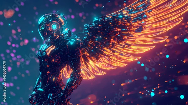Fototapeta A cybernetic knight with radiant neon wings, its luminous circuits pulsing as it battles against digital darkness. [Neon Folklore] | Virtual Myths | simulated legends. Illustration