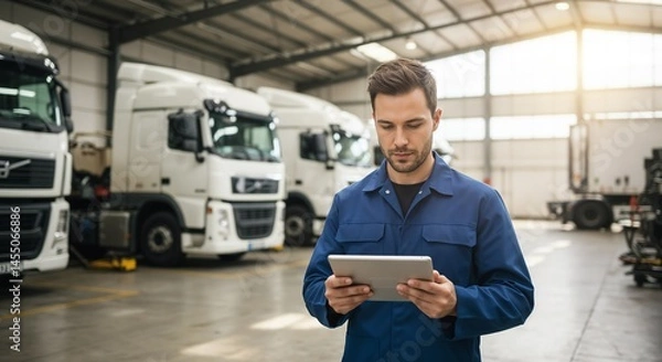 Obraz A man with short brown hair, wearing a blue jacket, is shown standing in a warehouse, holding a tablet and looking at it, with several white trucks parked in the background, and a bright light shining