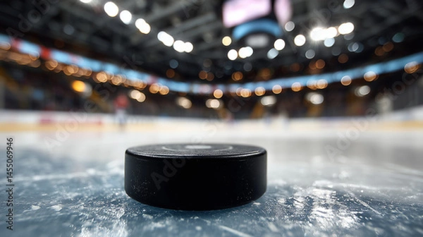 Fototapeta Black hockey puck on ice rink surface in a blurred arena  