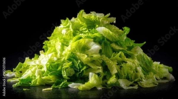 Fototapeta Fresh, crisp pile of chopped lettuce on black background.