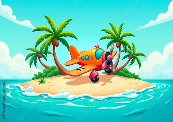 Obraz cartoon airplane flies over island with palm trees