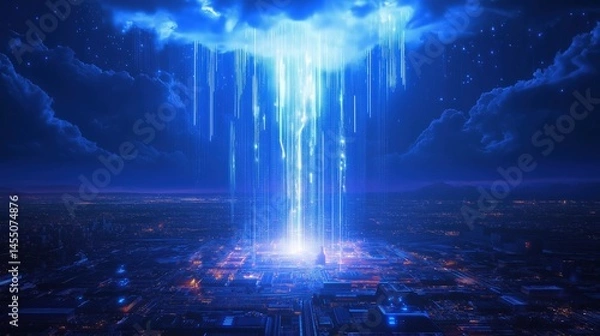 Obraz Cloud computing concept: digital data cloud above glowing futuristic city landscape