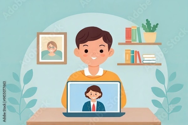 Fototapeta A young student engaged in online learning, communicating with a teacher through a video call at home.