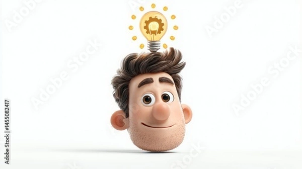 Obraz Creative Inspiration A Cartoon Head with a Light Bulb and Gears Floating Above