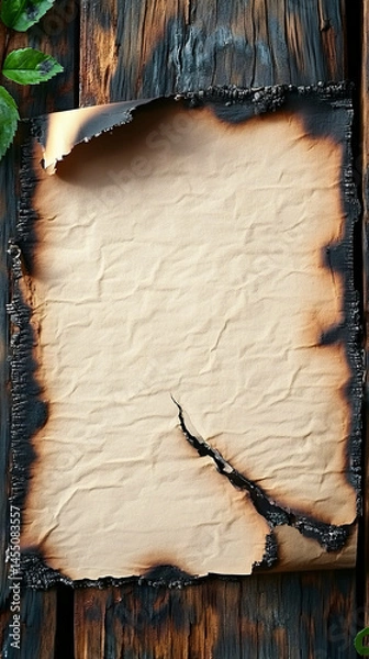 Fototapeta Charred parchment paper with illegible text rests on dark wood, showing scorch marks and a central tear.  Green leaves partially visible at the top