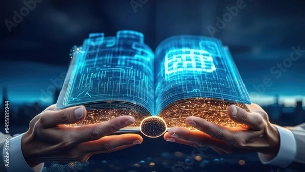 Obraz Person Holding Digital Book Representing Futuristic Technology And Knowledge Concept.